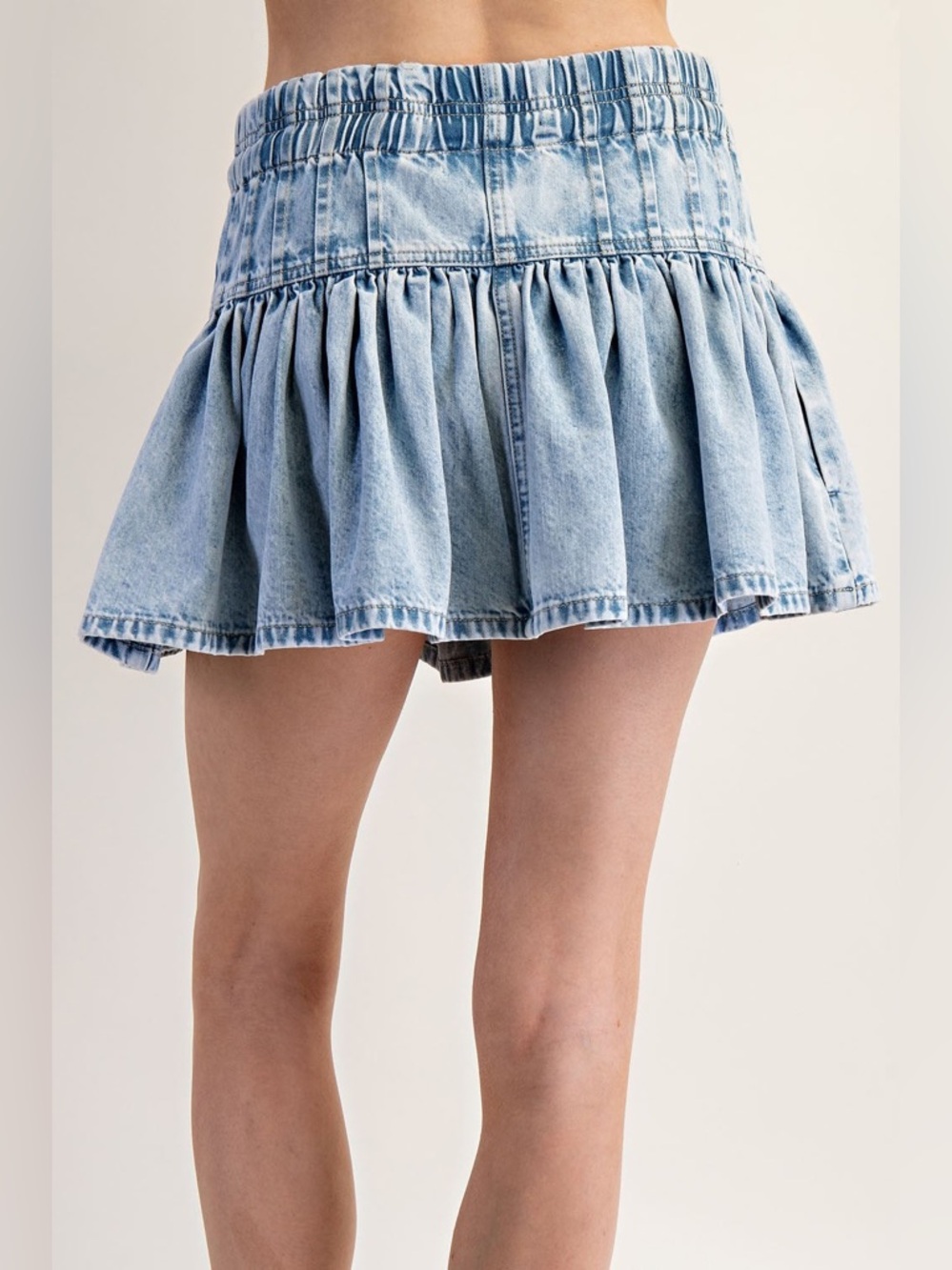 Ruffle Flared Denim Mini Skirt with Elastic Waist - eesome - Picture 2 of 6